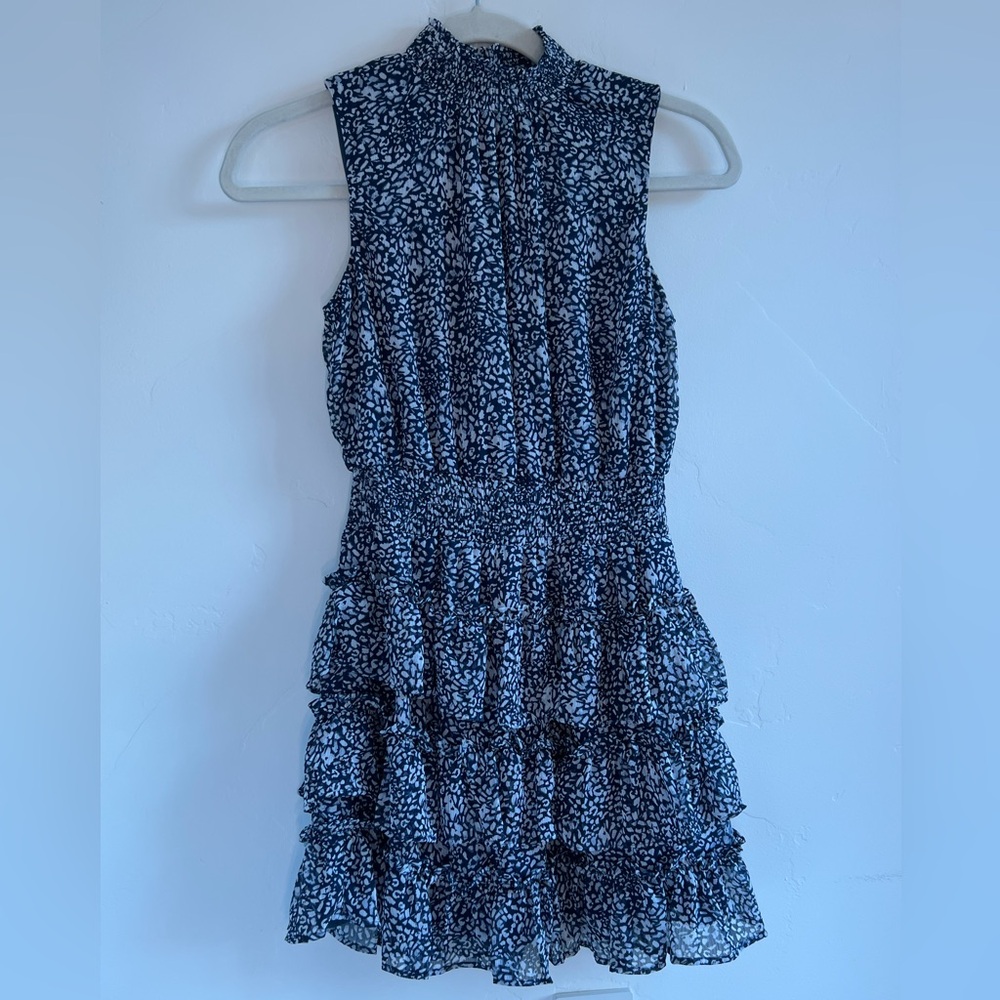 1. State  Blue and whiter cheetah/leopard print ruffle drop waist dress